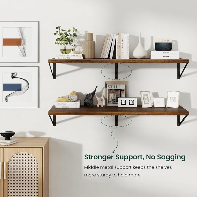 Floating Shelves 12 Inch Deep, 48W x 12D Wall Shelf Set of 2, 70 lbs Heavy Duty Reversible Metal Brackets, Deep Industrial Book Shelf for Living Room Kitchen Bath Bedroom Coffee Bar, Walnut