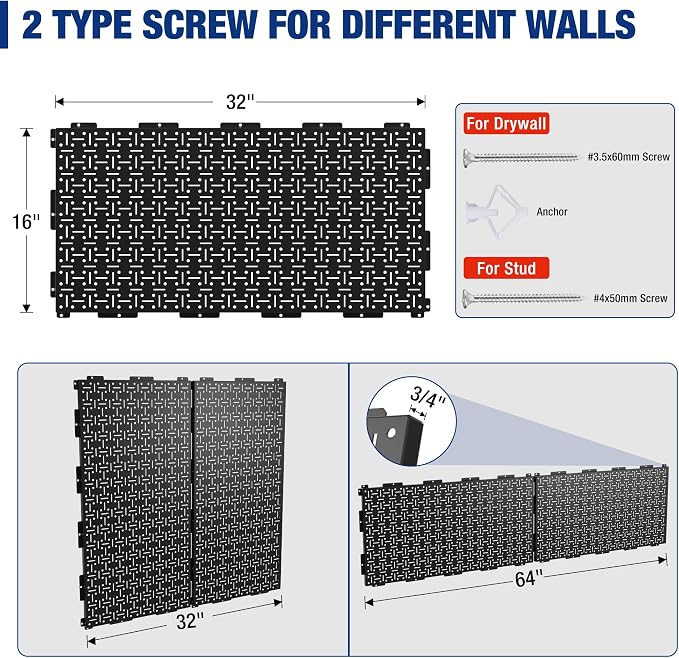 WORKPRO Metal Pegboard 16”x 32” Steel Panel with Round Holes & Vertical Slots, Black Heavy Duty Garage Peg Board Wall Pegboard Organizer for Wood Working Work Shop, Craft Room, 2 Pack
