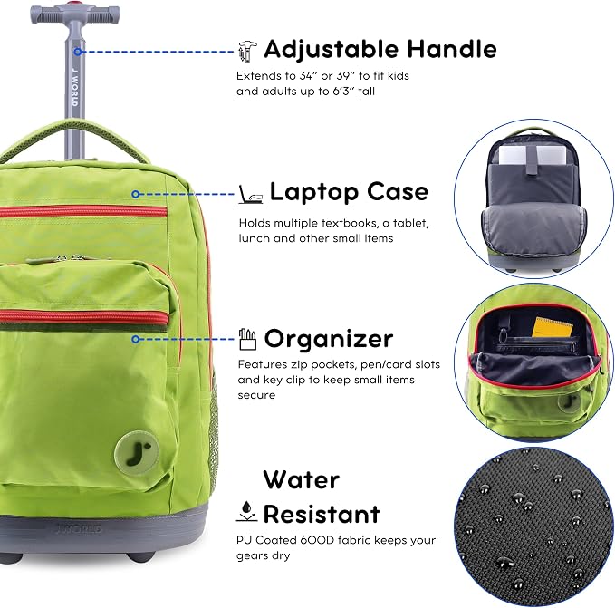 J World Sundance Laptop Rolling Backpack for Girls Boys. Roller Bookbag with Wheels, 20 Inch, Celery