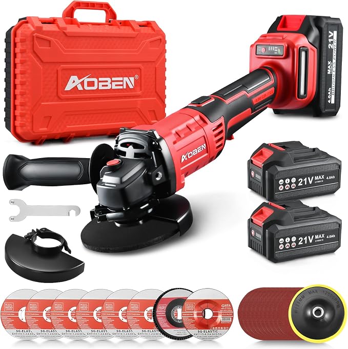 AOBEN 21V Cordless Angle Grinder 4-1/2 Inch, Power Brushless Cut Off Tool Kit, with 180° Rotating Body, Paddle Switch, 2x4.0Ah Battery & Charger, for Metal Cutting, Grinding, Polishing