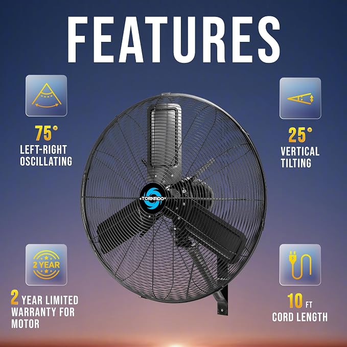 Tornado 24 Inch High-Velocity Oscillating Wall Mount Fan – IPX4 Water-Resistant, Industrial-Grade TEAO Motor, 2-Speed, 7350 CFM, cETL Certified for Outdoor Use