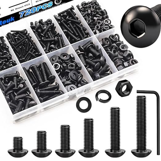 mxuteuk 720PCS M3 Screws Assortment Kit,6/8/10/12/16/20mm M3 Metric Screw,10.9 Grade Alloy Steel Metric Hex Button Head Cap Screws Nuts and Flat Washers for 3D Printing