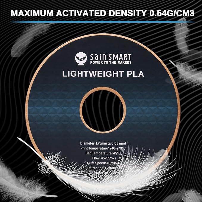 SainSmart Light Weight Filament 1.75mm, 1KG, LW-PLA Low-Density Active Foaming 3D Printer Filament for RC Planes Drone Parts and Cosplay, Black PLA Filament