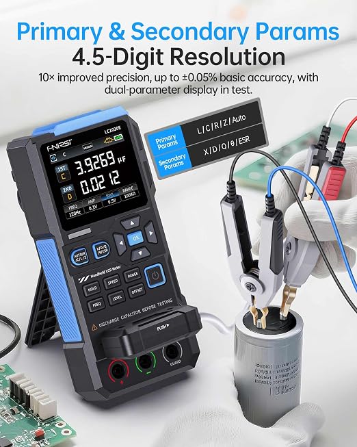 FNIRSI LC1020E 100kHz LCR Meter, 19,999 Counts Resistor Inductor Capacitor Tester, Auto Component Detect, Measures ESR/Q/D/θ/X, 2.8” Color TFT, Dual Parameter Display, Sorting & Open/Short Calibration