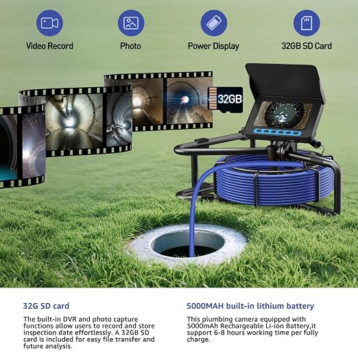 Sewer Camera 100FT/30M, Drain Camera with Light, Plumbing Snake Cam with DVR Pipe Video Inspection,5" Color HD Duct Chimney Sewer Inspection Cam for Sewer Line, Drain, Duct, Plumbing