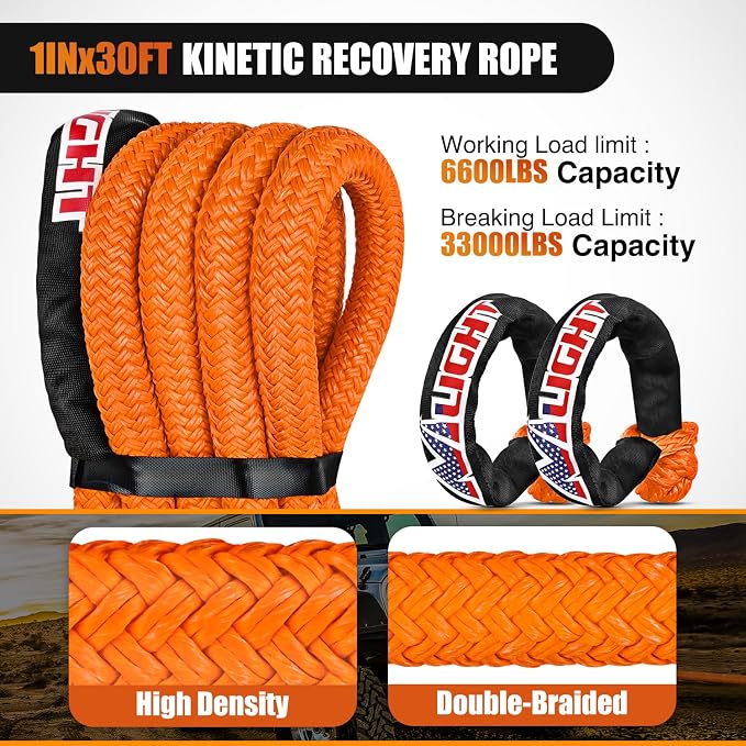 Nilight Kinetic Recovery Tow Rope Kit with 2 Soft Shackle 1" x 30ft Heavy Duty Offroad Tow Rope Snatch Strap Towing Strap kit (33,000LBS) for UTV ATV SUV Truck Car Jeep Tractor