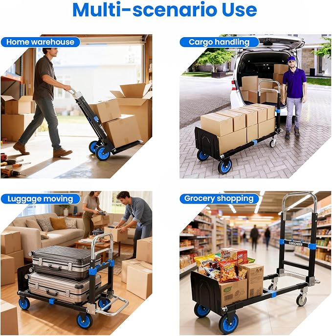 3-in-1 Convertible Heavy Duty Folding Hand Truck Dolly, 600LB Capacity with Rubber& Wheels Telescoping Handles, Portable Collapsible Cart for Warehouse, Supermarket, Office (Blue)