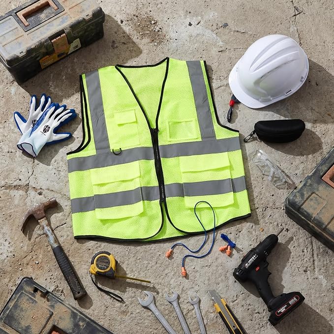Cuffbow 9 Pcs XL Personal Protective Equipment (PPE) Safety Kit Includes Safety Glasses, Earplugs, Hard Hat, Nitrile Gloves, Reflective Vest for Construction Site Protection, Warehouse Operations