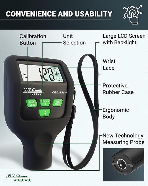 Paint Thickness Gauge CM-224 Auto – Digital Coating Thickness Meter for Cars and Automotive Inspection, Fe / Al / Fe+Zn Detection, 0.1 μm Resolution, Factory Calibrated, Large Backlit LCD