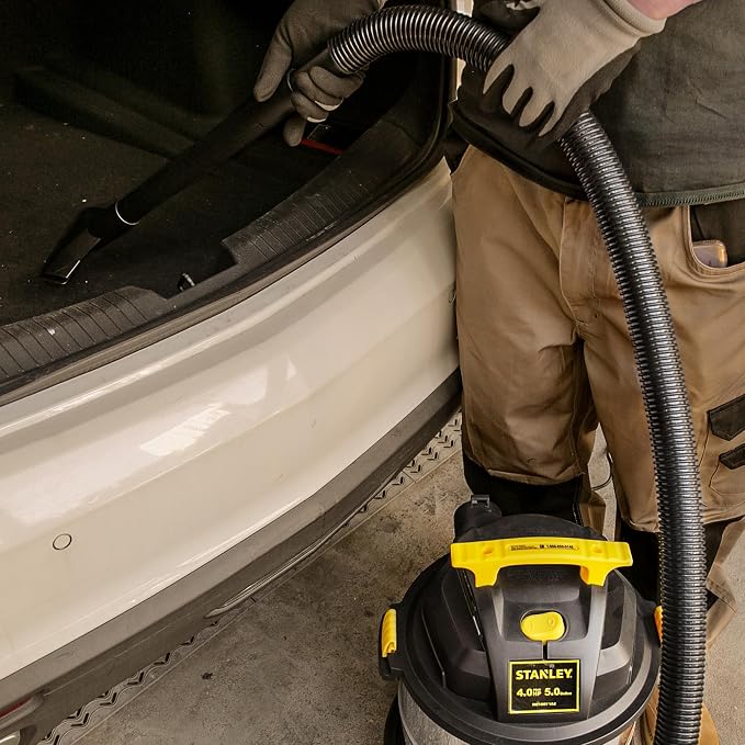 STANLEY Wet/Dry Vacuum SL18115, Stainless Steel Tank, 5 Gallon 4HP Shop Vacuum, Portable Style Ideal for Home/Shop/Jobsite Dust Collection Job with Vacuum Attachments, Silver+Yellow