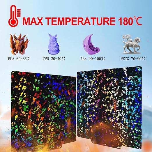 PEF+PEY Holographic Build Plate for Adventurer AD5X/5M/5M Pro, Rainbow Confetti +Galaxy Spring Steel Flexible Platform for Neptune 3 Pro/4, Kobra, Ender 3/3 Pro/3S1/3 v2, CR 20/CR 20 Pro