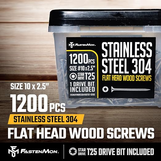304 Stainless Steel Deck Screws, #10 x 2-1/2", 1200 PCS | Torx Flat Head Type 17 Point with T25 Bit, Ideal for Outdoor Wood Projects, Fences, Benches, Picnic Tables, Decks, Bulk Box