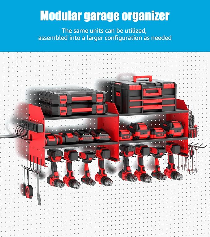 CCCEI Modular Power Tool Organizer Wall Mount with Charging, Red, 1 Pack | Drill & Battery Storage Rack with Peg Hooks, Garage Workshop, Gifts for Men, Husband, Anniversary, Birthday