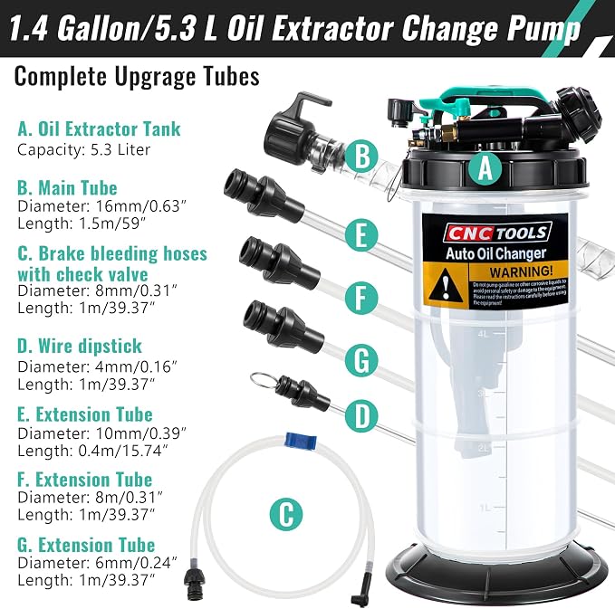 Estune 1.4 Gallon (5.3L) Fluid Extractor Pump, Pneumatic Manual Oil Extractor Pump for Oil Change, Oils Vacuum Pumps Extractors with 5 Pcs Brake Bleeding Hose for Cars, SUVs, Trucks, RVs, Motorcycles