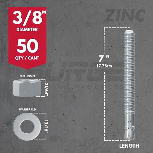 3/8" x 7" Zinc-Plated Wedge Anchors for Concrete and Cement | Heavy-Duty 3/8 Concrete Anchors (Box of 50)