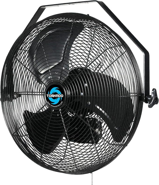Tornado 18" Outdoor IPX4 Rated Water-Resistant Metal Industrial Wall Mount Fan, 3 Speed High Velocity Wall Fan For Commercial, Industrial, Residential Use, 4150 CFM 6.6 FT Cord 180°Tilting, Black