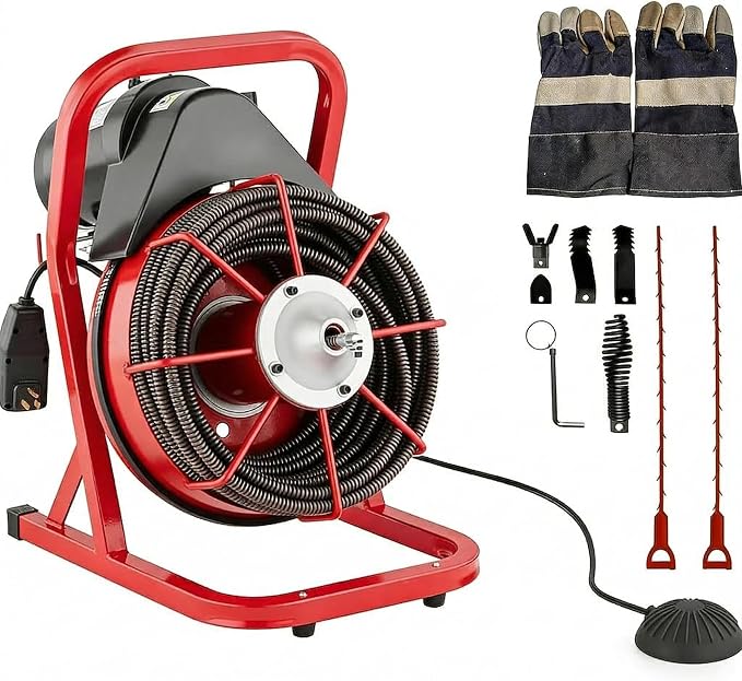 Garvee 75FT x 1/2 Inch Drain Cleaner Machine, 400W Portable Drain Cleaning Machine Snake with 6 Cutters & Foot Switch for 1" to 4" Pipes, Heavy Duty Sewer Auger for Sinks, Toilets, Showers