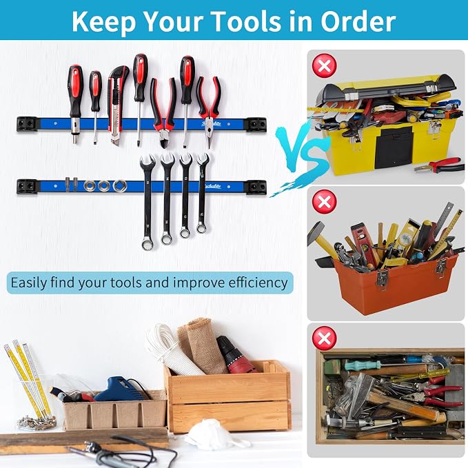 4 Pieces 18" Magnetic Tool Holder Strip, Blue Magnet Bar, Metal Tool Organizer Rack for Garage Organization, Easy To Install in Workshop, Mounting Screws Included