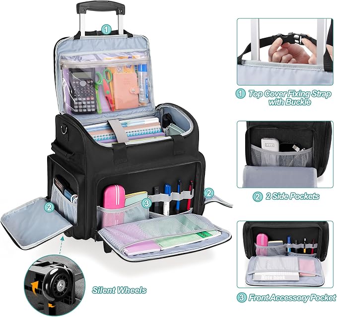 CURMIO Rolling Teacher Bag with Wheels, Teacher Cart with Wheel, Rolling Briefcase with Accordion Organizer and 15.6" Laptop Sleeve for Work, Black(Patented Design)