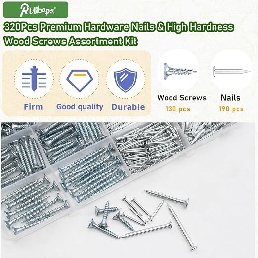 320Pcs Premium Hardware Nails & High Hardness Wood Screws Assortment Kit, 11 Sizes (1/2"-2"),Phillips Drive Flat Head, Wood Screws, Galvanized, Picture Hanging, Wood, Common Nails with Storage Box