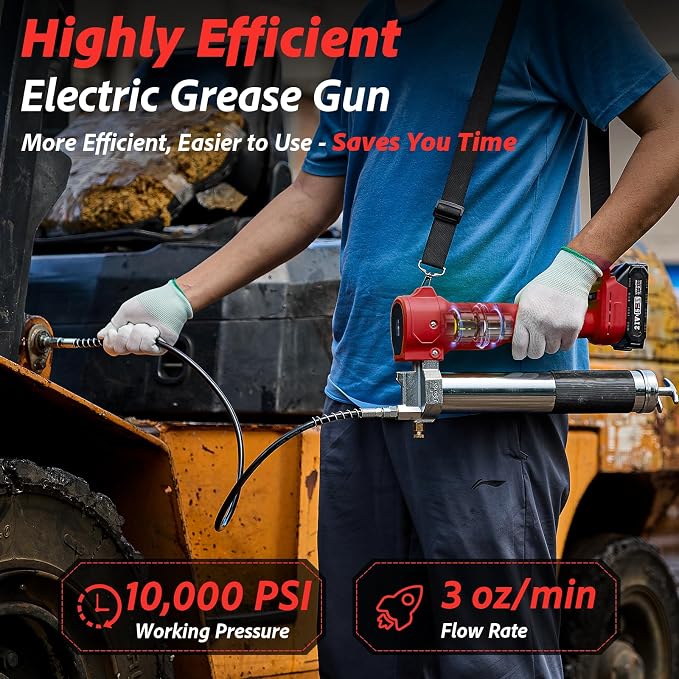 TaskStar Electric Grease Gun Cordless10000 PSI, Grease Gun Kit with 2×2.0Ah Batteries & Charger, 39.4" Flexible Hose & LED Light for Tractors Trucks Trailers Heavy Equipment Maintenance (Red)