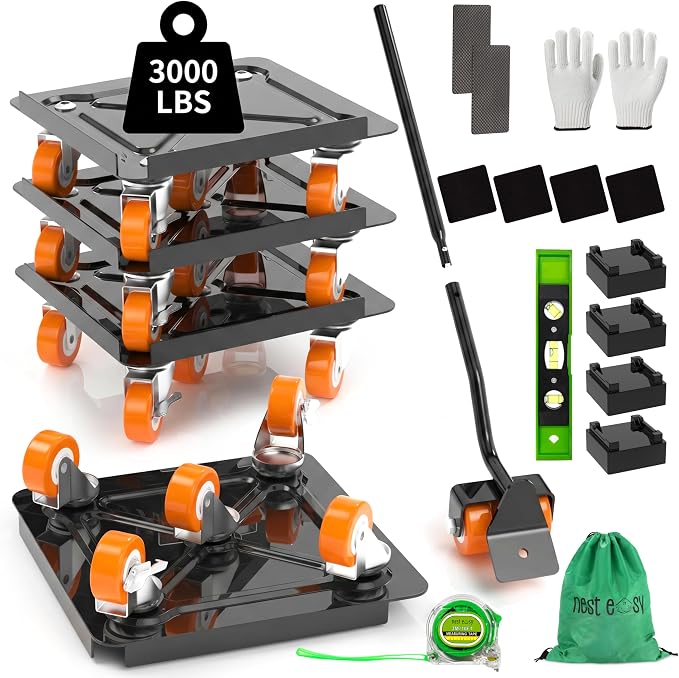 Heavy Duty Furniture Dolly 360° Rotating 5 Orange Wheels, Alloy Steel Furniture Movers Up to 3000 lbs/1360 Kg Load Capacity with Measure Tape and Leveler (5.3x5.3 in)