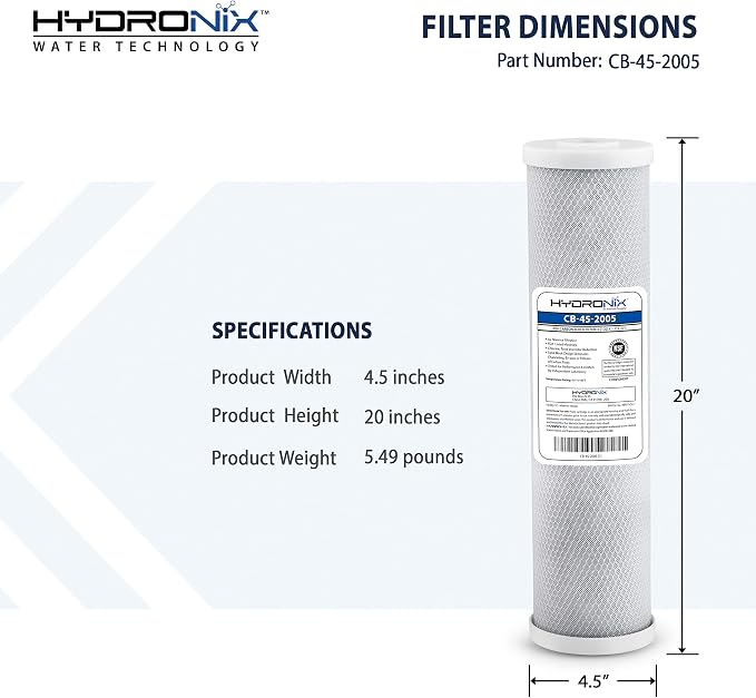 Hydronix CB-45-2005 Whole House, Commercial & Industrial NSF Coconut Carbon Block Water Filter, 4.5" x 20" - 5 Micron