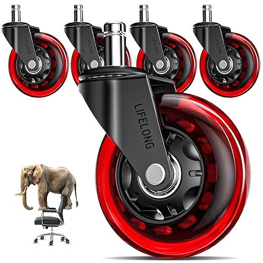 Lifelong Original Office Chair Wheels (As Seen On CNN) Replacement Rubber Chair Casters for Hardwood Floors & Carpet, Set of 5, Heavy Duty Casters for Chairs to Replace - Fits 98% (Red)
