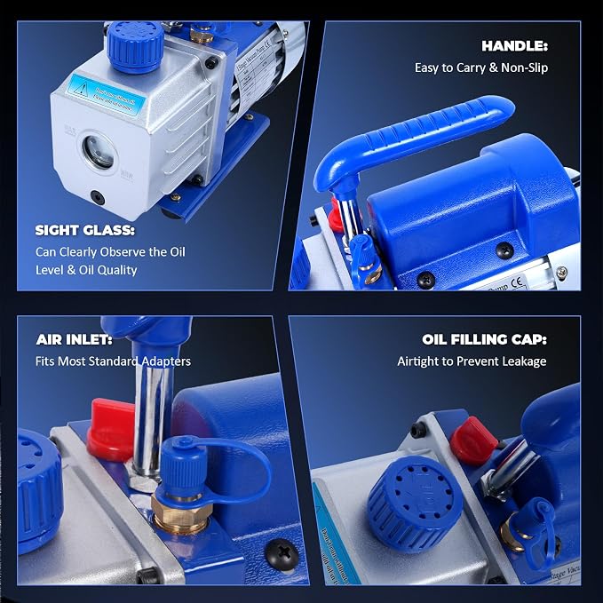 AC Manifold Gauge Set Kit 3-Way Valve, 4CFM Single Stage 110V 1/3 HP HVAC Vacuum Pump with Leak Detector for R134a R410a R12 R22 Air Conditioning Refrigeration Recharging