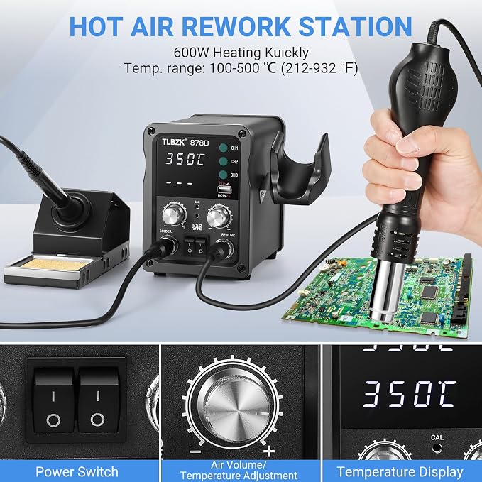 878D 2-in-1 Hot Air Soldering Iron Station Kit for Rework, Desoldering Pump, 5 Soldering Tips, 3 Hot Air Nozzles,Tweezers, IC extractor