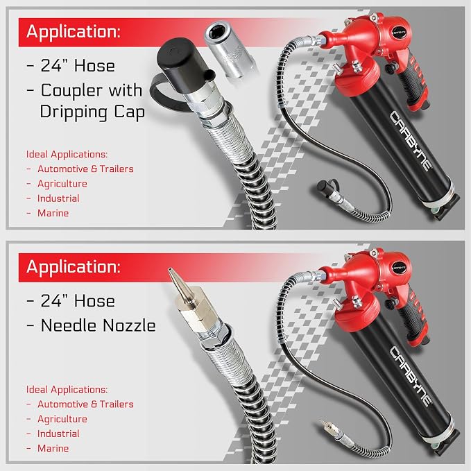 Carbyne Pneumatic Grease Gun, 6000 PSI, Air Operated, Continuous Flow, 40:1 Ratio, Aluminum Barrel, 24 in. Flex Hose, Coupler, 14 oz