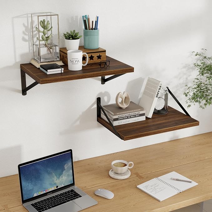 Floating Shelves 12 Inch Deep, 16W x 12D Wall Shelf Set of 2, 35 lbs Heavy Duty Reversible Metal Brackets, Deep Industrial Book Shelf for Living Room Kitchen Bath Bedroom Coffee Bar, Walnut