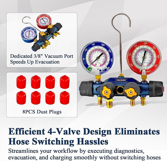 49974 A2L 4-Valve Test and Charging Manifold with 3-1/8" (80 mm) Gauges HVAC Manifold for R-454B R-32 R-410A A/C Manifold Gauge (No Hoses)
