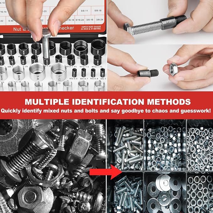 Thread Checker, Nut and Bolt Thread Checker, Bolt Size and Thread Gauge, 44 Individual Bolt and Nut Identifier Gauge (23 Standard & 21 Metric) Especially for Size Check in Tight Spaces