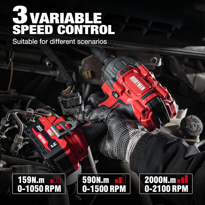 Alloyman Cordless Impact Wrench, 1475Ft-lbs (2000N.m) 1/2 High Torque Brushless Impact Gun, 20V Power Impact Driver, 2*4000mAh Battery,3 Sockets, Brushless Motor Variable Speeds for Car/Truck RV/Mower