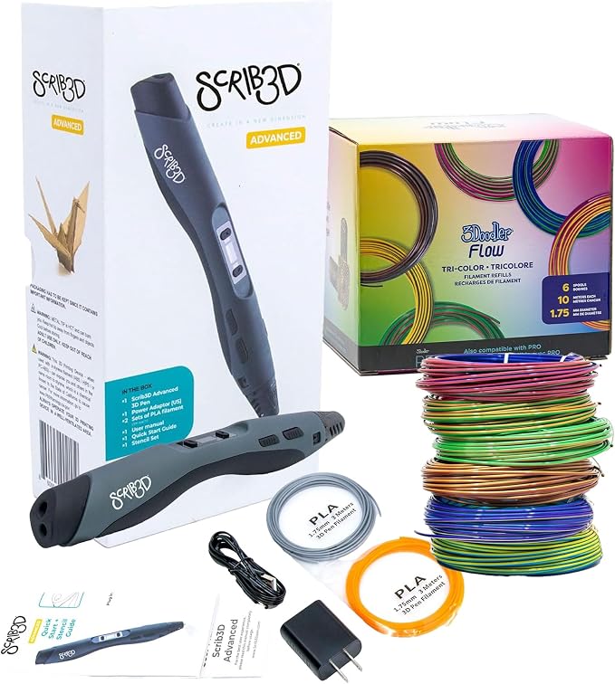 SCRIB3D Advanced 3D Printing Pen Bundle with 6 Spools of Tri-Color PLA Filament – Includes 3D Pen, 3 Starter Filaments, Stencil Book, and 200 feet of Vibrant PLA Filament for Creativity in 3D