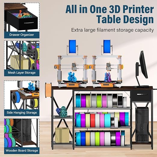 Upgrade Heavy Duty 3D Printer Table with Storage, Large 4-Tier 3D Printer Stand with Power Outlet & Drawer, Sturdy Wooden Desk & Metal Filament Rack for Workshop, Home Office(Brown)