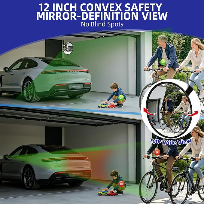 Shatterproof Acrylic Convex Mirror 12 Inch with LifetimeWarranty, Wide Angle Anti Theft Blind Spot Mirror with Wall Mount Kit for Garage Driveway and Store Safety, Outdoor Indoor