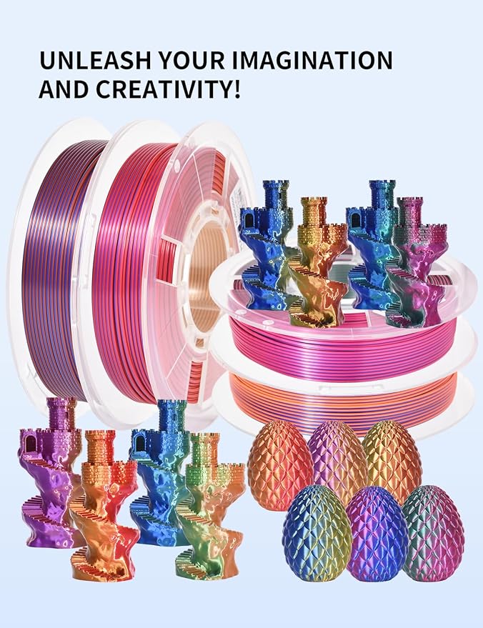 RAMBERY Tricolor PLA 3D Printer Filament Bundle 1.75mm, 250g x 4 Spools | Silk PLA, Shiny Multicolor, Triple Color Change by Angle, Toughness Upgraded