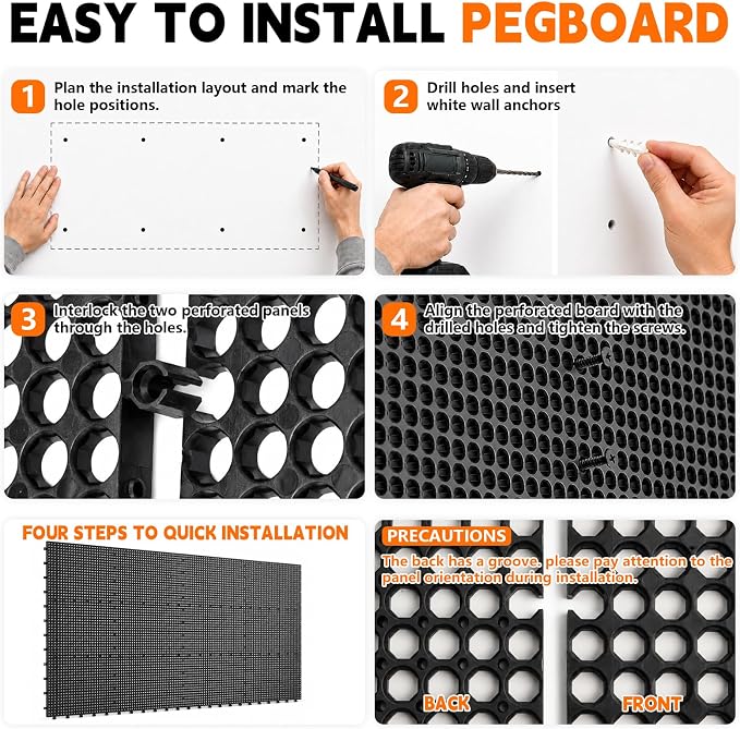 Plastic Pegboard Wall Organizer Kit, 6 Black Panels 36" x 16", 200 Accessories with Hooks, Clips & Holders, Modular Tool Storage Board for Garage, Workbench, Craft Room, Home Repair