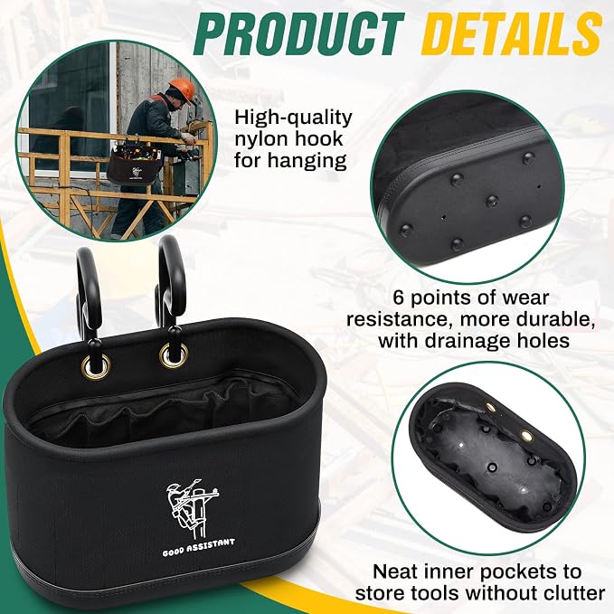 Vesici 1 Pcs Black Canvas Bucket Bag Including Hooks Lineman Aerial Oval Tool Bucket with Black Polypropylene Bottom 15 Interior Pockets Tool Organizer for Industrial Maintenance Construction Sites