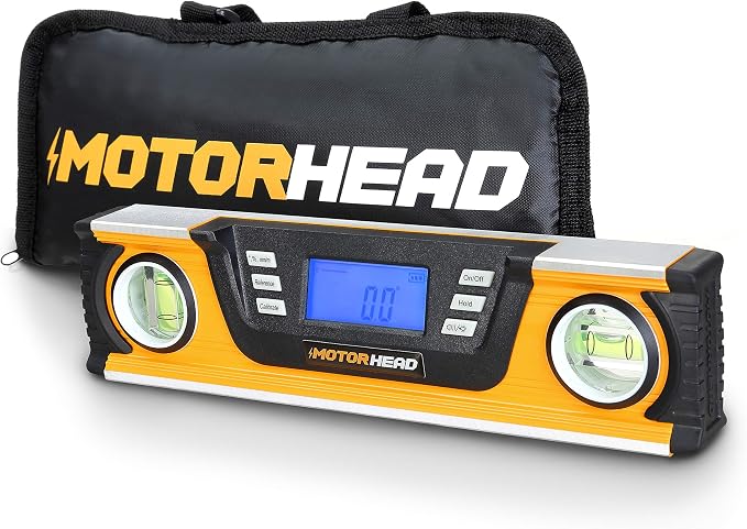 MOTORHEAD 10-Inch 0° - 180° SMART DIGITAL Level, LCD Screen, Audible Alerts, Water, Dust & Shock Resistant, Magnetic Bottom, Includes Bag, High-Visibility, Solid-Milled Aluminum, USA-Based Support