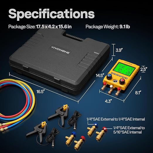 VIVOHOME Digital HVAC Manifold Gauge Set, Refrigeration AC Gauges with 2 Wired Temperature Clamp Probes and 3 Hoses, Pressure and Temp Test, for R134a R410a R32 R1234yf R454B Refrigerant Recharge Kit