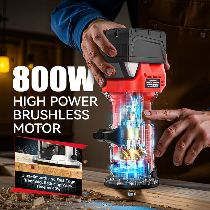 Cordless Compact Router Compatible with Milwaukee Battery, 6 Variable Speeds Router Tool for Woodworking, 800W Fixed Base Wood Router with Trim Router Bits, Tool Only