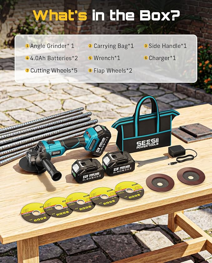 SEESII Cordless Angle Grinder 4-1/2 Inch, 21V Brushless Battery Grinder Tool with 2X 4.0Ah Batteries, 10000RPM for Metal Cutting, Grinding, Polishing, Rust Removal (Blue)