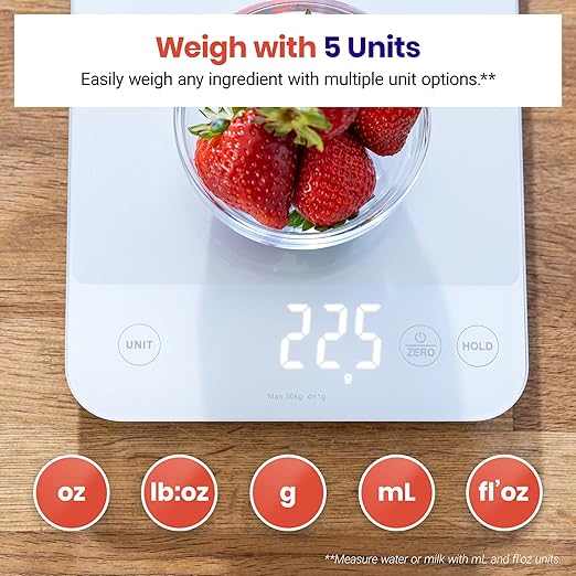 Etekcity Food Kitchen Scale, 22lb Digital Weight Scale Grams and Ounces Rechargeable Waterproof Tool for Weight Loss, Cooking, Baking, Meat, Bread, Large 0.05oz/1g Accuracy | 22 Lb/10 Kg Capacity, 0.05oz/1g Precision, IPX6 Splash-Resistant, USB-C Recha...