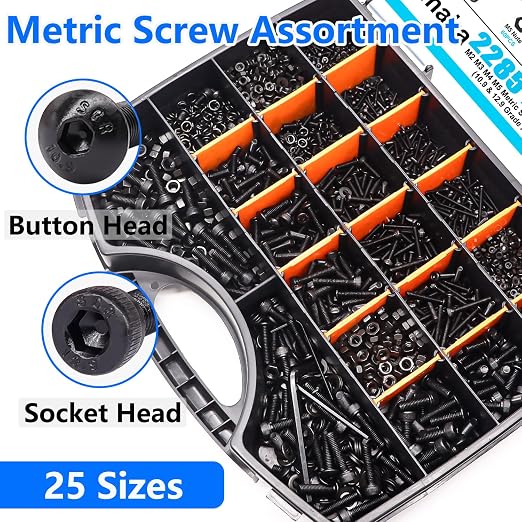 2285PCS M2 M3 M4 M5 Metric Screw Assortment Kit, Socket Head & Button Head Metric Screws and Nuts Set, 10.9 & 12.9 Grade Alloy Steel Machine Screws for 3D Printing