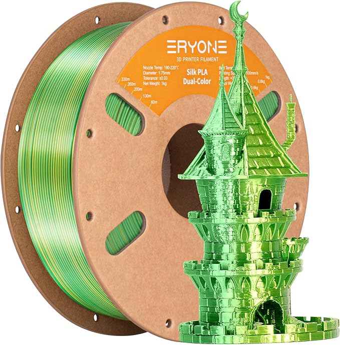 ERYONE Silk Dual Color PLA Filament 3D Printer 1.75mm +/- 0.03mm, Bicolor Two Tone PLA 1KG(2.2lbs) Cardboard Spool, Yellow Green