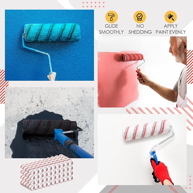 Leumoi 80 Pieces 9 Inch Paint Roller Covers 1/2 x 9 Inch Microfiber Paint Brush Roller Kit Naps House Painting Supplies for Wall House Home Repair Tools(Red Gray Stripe)