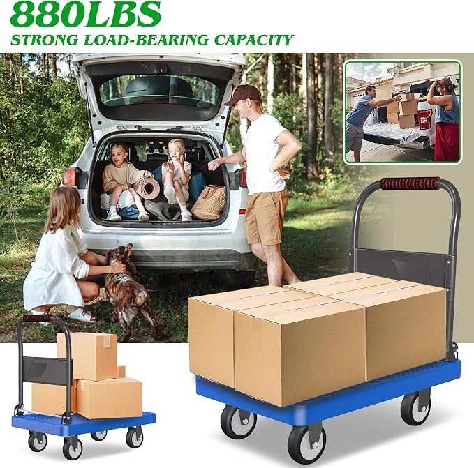 Platform Truck, 880lbs Capacity Heavy-Duty Foldable Hand Cart w/ 360° Swivel Wheels, 4 Steel Pipe Support Beams Push Dolly Cart for Warehouse Garage Home Use (27" Lx18 Wx31.5 H)